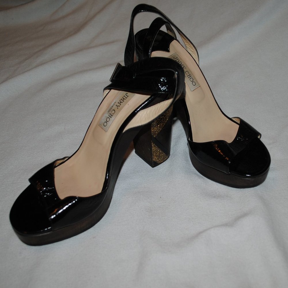 SZ 9.5 BLACK PATEN LEATHER JIMMY CHOO 5IN HEEL PLATFORM